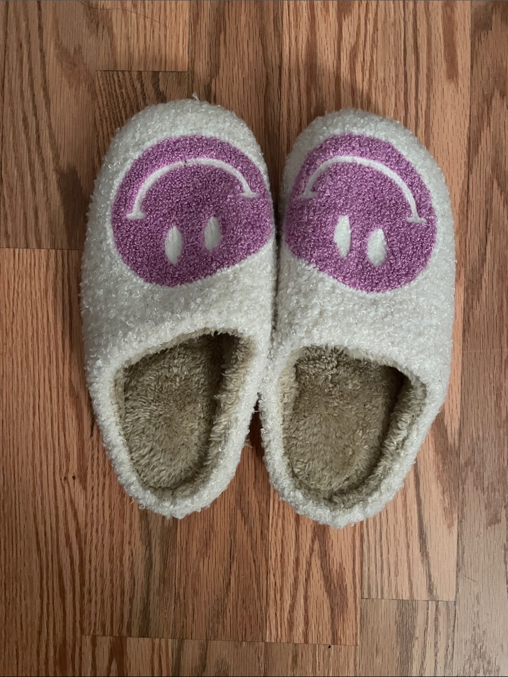 Cozy Cream Fuzzy Slippers with Lavender Smiley